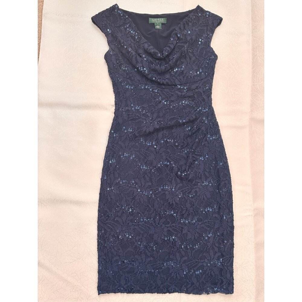 Lauren Ralph Lauren Dress. Navy Blue Sequins Midi‎ Dress. Sz. 2